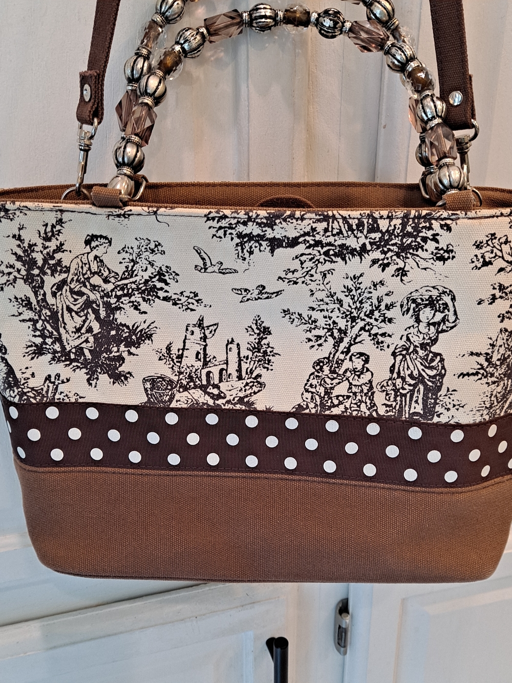 Vivary Vintage Cream Brown Toile De Jouy Tote Satchel Polka-Dot Bow Canvas Bag - Picture 9 of 14